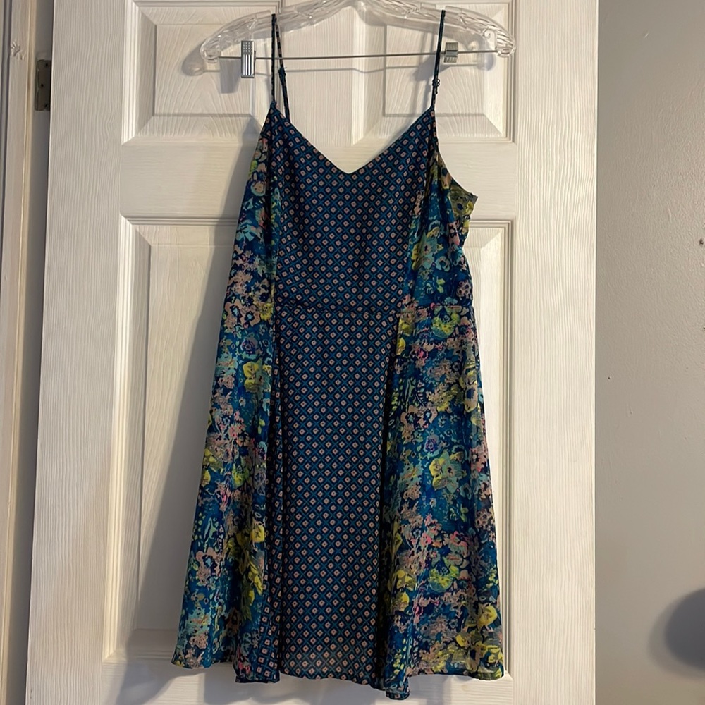 Blue dress with colorful floral accents